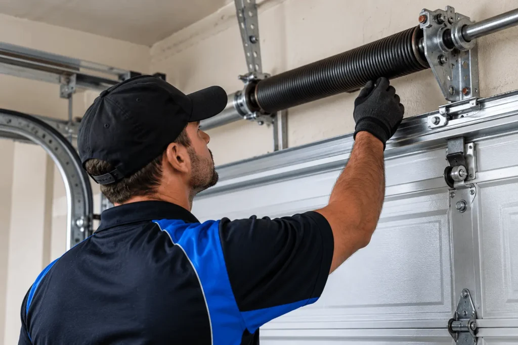 Technician Inspecting Garage Door Spring